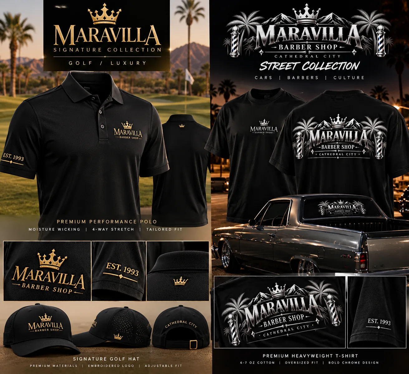 Concept mockups of black-and-gold Maravilla Signature golf polos and black-and-chrome Street Collection shirts