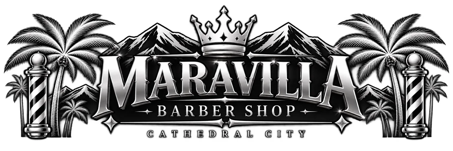 Maravilla Barber Shop logo with crown, mountains, palms and barber poles